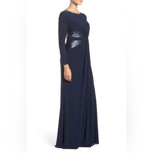 Adrianna Papell navy long sleeve sequin detail modest formal gown, US 6.
